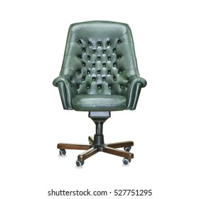 The President Office Chair From Green Leather. Isolated