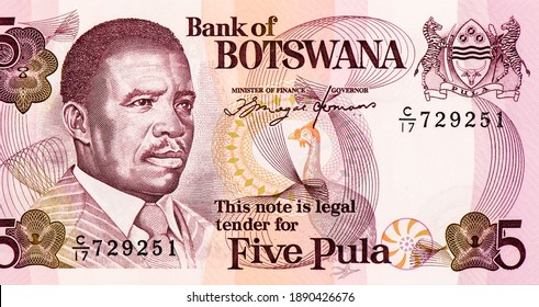 President Quett Ketumile Joni Masire, Portrait from Botswana 5 Pula 1982 Banknotes.