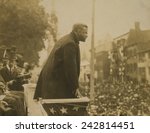 President Theodore Roosevelt (1858-1919), speaking to an outdoors audience in 1906.