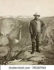 President Theodore Roosevelt Standing On Glacier Point At Yosemite, May 17, 1903. This Is A Companion Photo To TRs Portrait With Naturalist John Muir