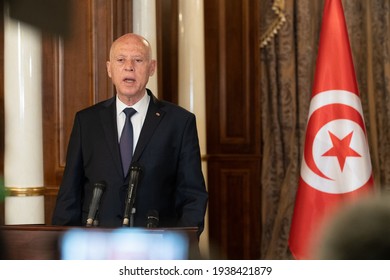 The President Of Tunisia, Kais Saied  At The Press Conference With New Libyan Presidential Council Head, Mohamed MenfiTripoli, Libya 17 March 2021