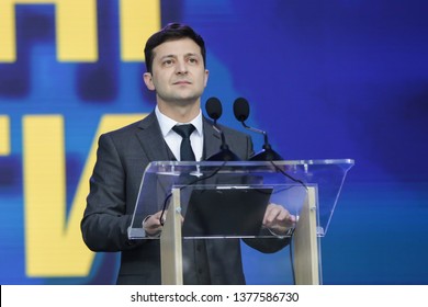 Presidential Candidate Volodymyr Zelenskiy Attends A Policy Debate With His Rival Ukrainian President Petro Poroshenko At National Sports Complex Olimpiyskiy Stadium In Kiev, Ukraine. April 19, 2019.