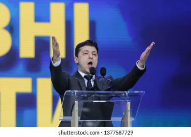 Presidential Candidate Volodymyr Zelenskiy Attends A Policy Debate With His Rival Ukrainian President Petro Poroshenko At National Sports Complex Olimpiyskiy Stadium In Kiev, Ukraine. April 19, 2019.