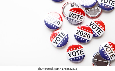 Presidential US election 2020, Red, white, and blue vote buttons isolated on white background, copy space