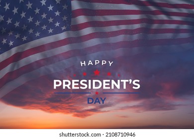Presidents day greetings card with US flag in sky and typography text, national holiday.