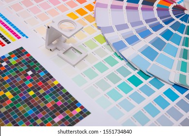 Press Color Management. Cmyk Stripe Loupe And Color Palettes. Commercial Printing.