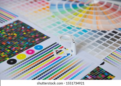 Press Color Management. Cmyk Stripe Loupe And Color Palettes. Commercial Printing.