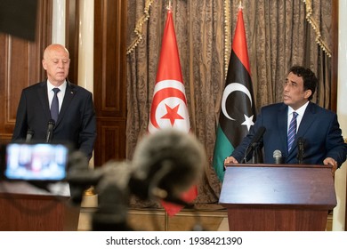 The Press Conference Between The New Libyan Presidential Council Head, Mohamed Menfi And The President Of Tunisia Kais Saied, Tripoli, Libya 17 March 2021