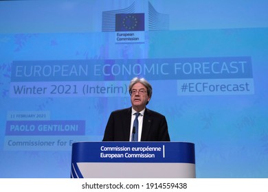 Press Conference By European Commissioner Paolo GENTILONI, On The Winter 2021 Economic Forecast In Brussels, Belgium On February 11, 2021. 