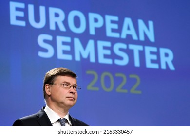 Press Conference By European Commissioners Valdis DOMBROVSKIS And Paolo GENTILONI On The 2022 European Semester Spring Package In Brussels, Belgium On May 23, 2022.