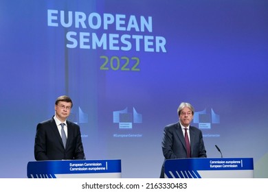 Press Conference By European Commissioners Valdis DOMBROVSKIS And Paolo GENTILONI On The 2022 European Semester Spring Package In Brussels, Belgium On May 23, 2022.