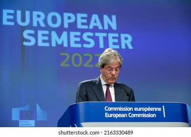 Press Conference By European Commissioners Valdis DOMBROVSKIS And Paolo GENTILONI On The 2022 European Semester Spring Package In Brussels, Belgium On May 23, 2022.