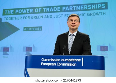 Press Conference By Executive Vice-President Of European Commission Valdis DOMBROVSKIS On The Trade And Sustainable Development Review  In Brussels, Belgium On Jun 22, 2022.