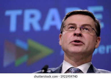 Press conference by Valdis DOMBROVSKIS,  Executive Vice-President of the European Commission on the trade policy review in Brussels, Belgium on February 18, 2021.