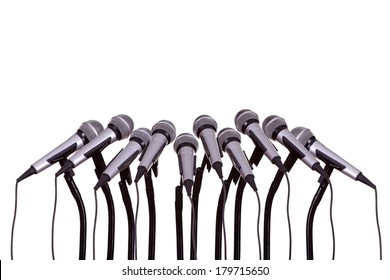 Press Conference With Microphones On White Background