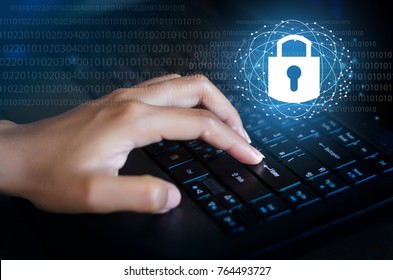 Press enter button on the computer. Key lock security system abstract technology world digital link cyber security on hi tech Dark blue background, Enter password to log in. lock finger Keyboard