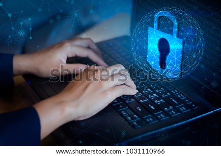 Press enter button on the computer. Key lock security system abstract technology world digital link cyber security on hi tech Dark blue background, Enter password to log in. lock finger Keyboard