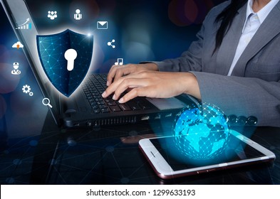 Press Enter Button On The Keyboard Computer Shield Cyber Key Lock Security System Abstract Technology World Digital Link Cyber Security On Hi Tech Dark Blue Background, Enter Password To Log In