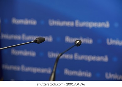 A Press Podium In Press Room Of The European Council, Brussels, Belgium, 16 December 2021.