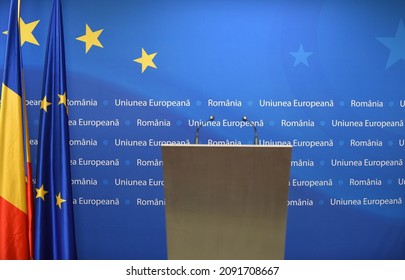  Press Podium In Press Room Of The European Council, Brussels, Belgium, 16 December 2021.