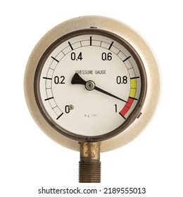 Pressure gauge marking high readings isolated on white background. High pressure or stress concept