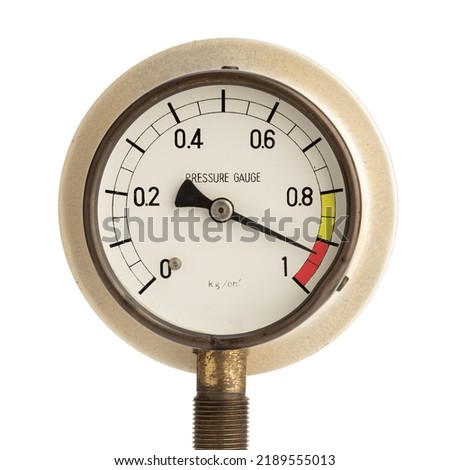Pressure gauge marking high readings isolated on white background. High pressure or stress concept