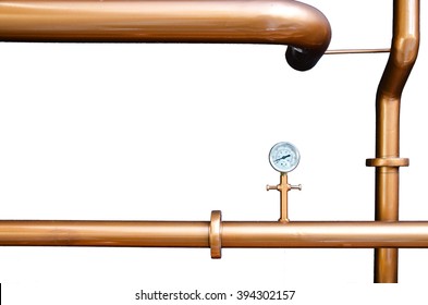 Pressure gauge meter on copper pipes on white background. - Powered by Shutterstock