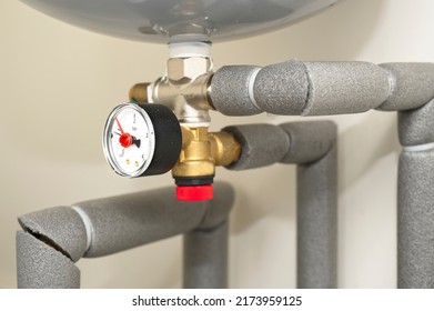 Pressure Gauge On Domestic Boiler Expansion Vessel Inside House