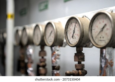 Pressure Gauge Psi Meter In Pipe And Valves Of Water, Oil And Gas System Industry 