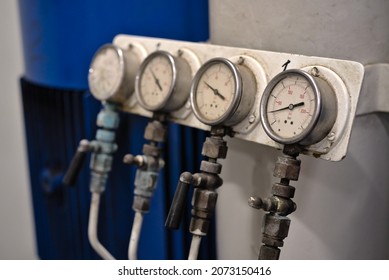 Pressure Gauge Psi Meter In Pipe And Valves Of Water, Oil And Gas System Industry 