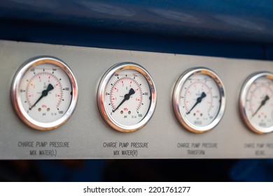 Pressure Gauges Panel Of The Power Generator And Fuel Pumping Machine. Industrial Equipment Object Photo.