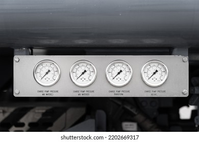 Pressure Gauges Panel Of The Power Generator And Fuel Pumping Machine. Industrial Equipment Object Photo.