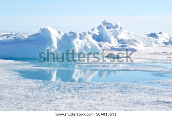 Pressure ridge and melt water at the Geographic\
North Pole