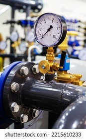 Pressure Sensor On An Industrial Water Supply And Heating System. Stopping The Supply Of Energy Resources To The Population. Vertical Photo. Close-up. No People