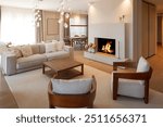 Prestigious living room, inside sofa armchairs and a beautiful burning fireplace that warms the room.