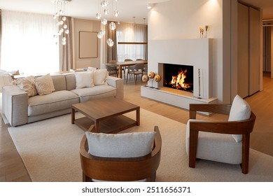 Prestigious living room, inside sofa armchairs and a beautiful burning fireplace that warms the room. - Powered by Shutterstock