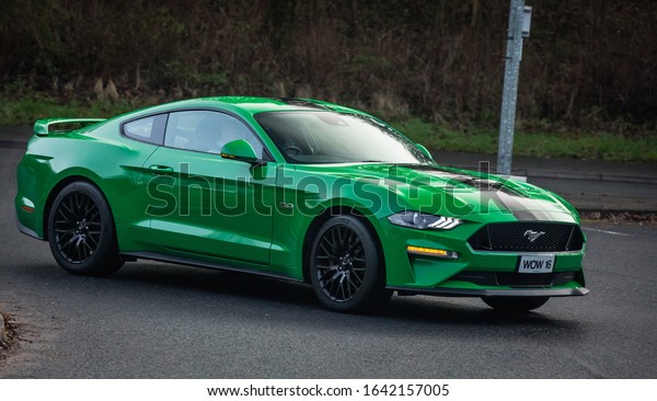Preston, England, 19/01/2020 Green ford mustang 5.0 in\
yellow with black racing striped in a carpark surrounded by\
supercars at a meet. American muscle car in the UK for fans of the\
speed and power 