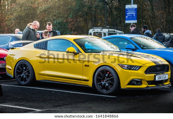 Preston, England, 19/01/2020 Yellow ford mustang 5.0 in\
yellow with black racing striped in a carpark surrounded by\
supercars at a meet. American muscle car in the UK for fans of the\
speed and power 
