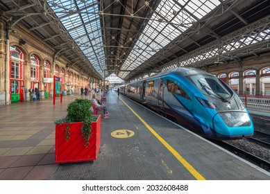 Preston , Lancashire-England - 26.08.2021 - British Rail Class 397 Transpennine Express Departing Prestion Railway Station Platform 4 To Edinborough