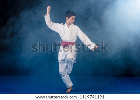 Pre-teen boy doing karate on a black background with smoke