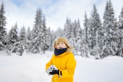 Preteen Boy Having Fun Playing With Fresh Snow During Vacation In European Alps. Child Dressed In Warm Clothes, Hat, Hand Gloves And Scarf. Active Winter Outdoors Leisure For Kids On Holidays Time