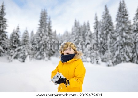 Preteen boy having fun playing with fresh snow during vacation in european Alps. Child dressed in warm clothes, hat, hand gloves and scarf. Active winter outdoors leisure for kids on holidays time