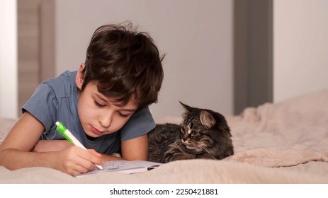 preteen boy writes in a notebook lying on the bed in the bedroom, a cat lies nearby and watches him - Powered by Shutterstock