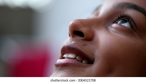 Preteen Girl Eyes Looking Up At Sky Smiling, Black African Descent