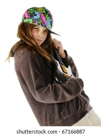 A Preteen Girl Playing Punk With An Old Jacket, Wildly Colorful Cap And Toy Guitar.  Isolated On White.