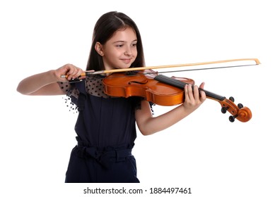 Preteen girl playing violin on white background - Powered by Shutterstock