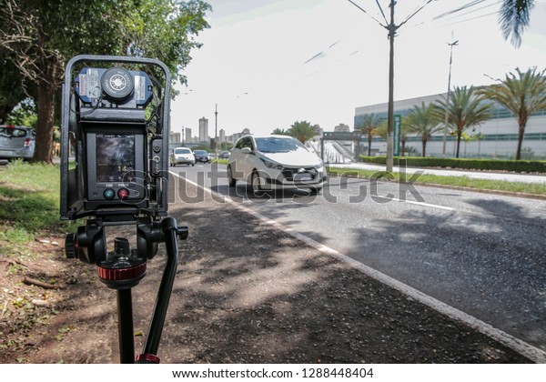 Ribeirão Preto, São Paulo / Brazil - Circa\
January, 2019: Mobile police radar for traffic speed control\
installed near the Presidente Vargas avenue in Ribeirão Preto to\
control the speed\
limit.