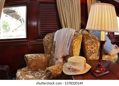 Pretoria Gauteng South Africa 10072010 Interior Of Rovos Rail Stream Train Vintage Lounge Cart Old Vintage With Hat