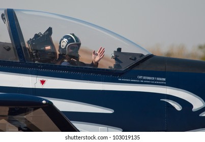 PRETORIA, SOUTH AFRICA -12 MAY 2012 - Capt Heybrech Van Niekerk First Female Pilot Of The Silver Falcons Taxing During  The Swartkop Warbird Centenary Airshow On 12 May 2012 At Swartkop Airforce Base