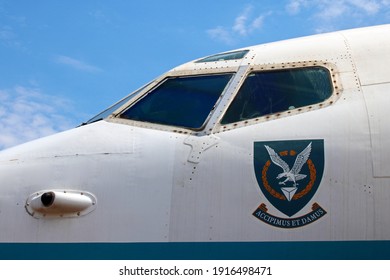 PRETORIA, SOUTH AFRICA - OCTOBER 21, 2020: Upward View Of Nose Of Boeing-707 On Static Display At The South African Air Force Museum.